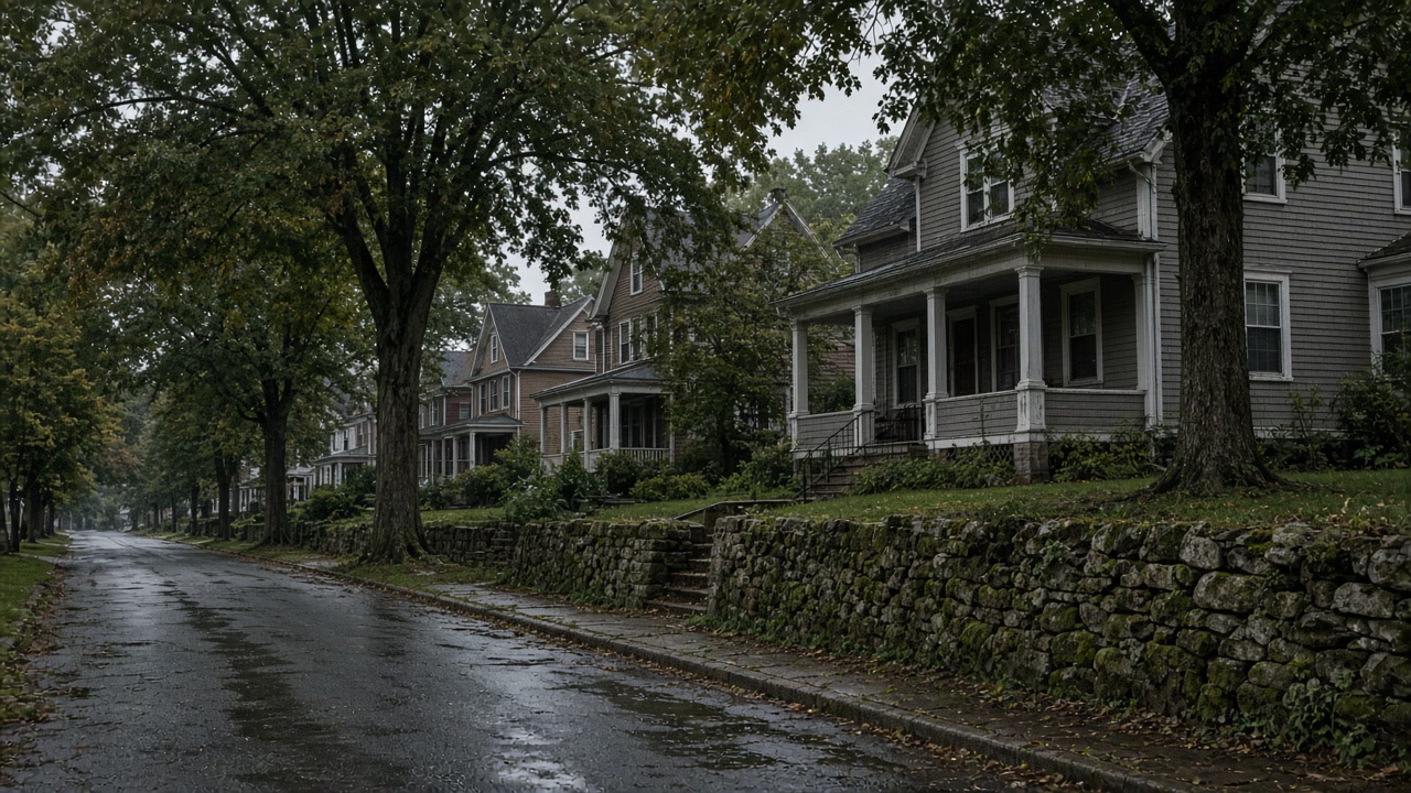 Wet leafy Montclair street with stone retaining wall and colonial clapboard porch homes