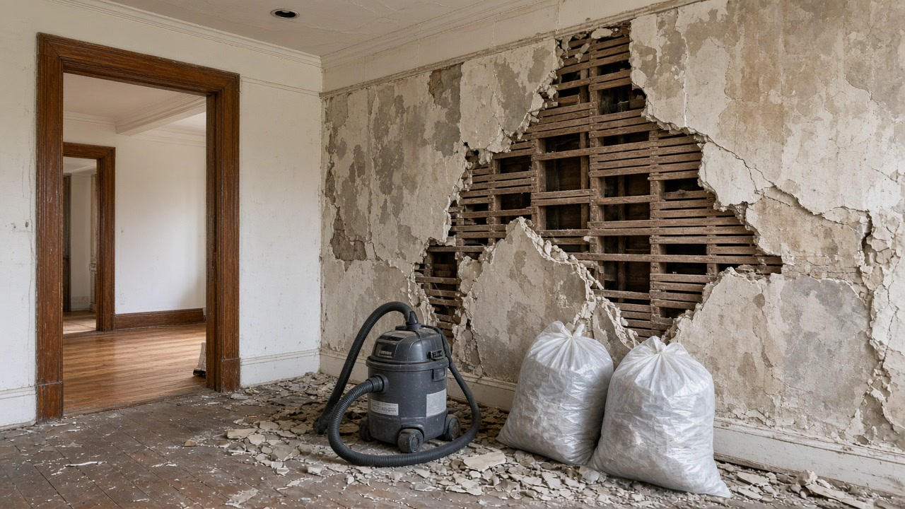Shop vac and white debris bags beside stripped plaster wall exposing wooden lath