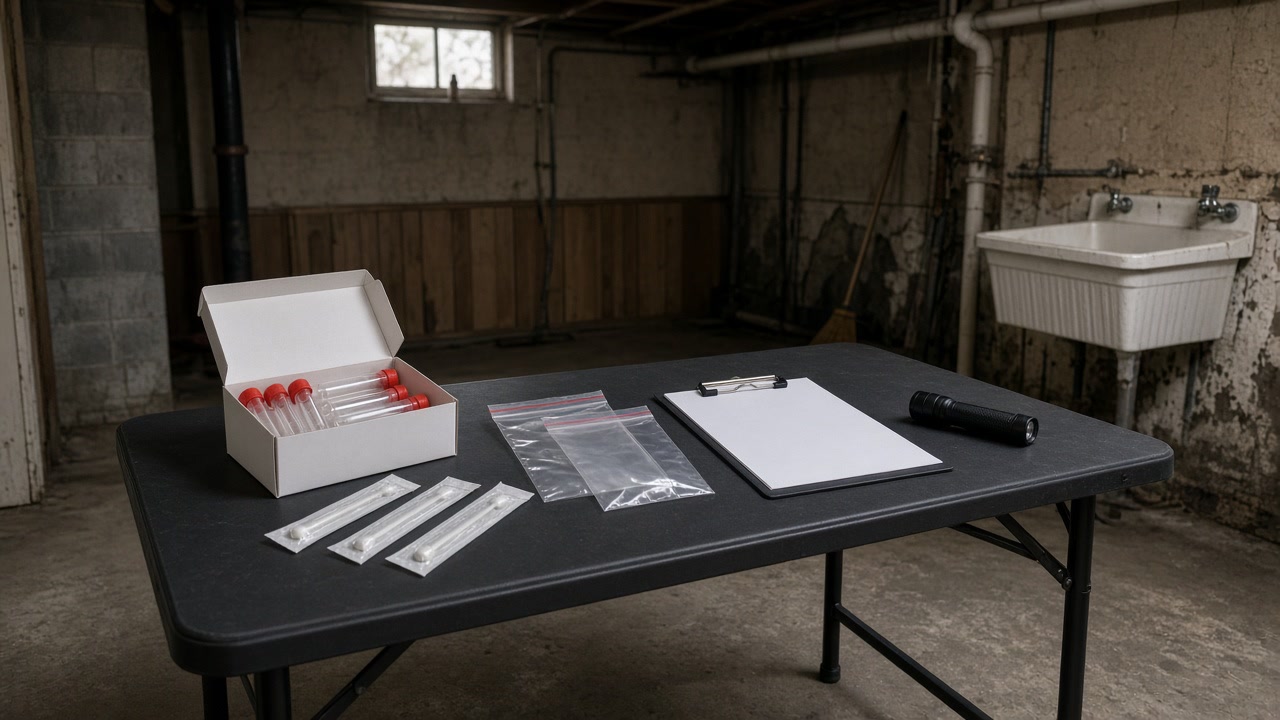 Swabs, sample tubes, bags, clipboard and flashlight on folding table in unfinished basement