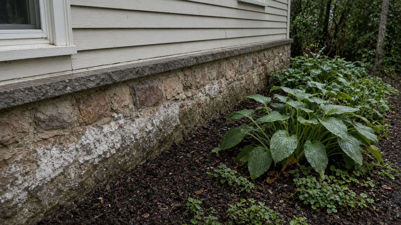 Stone foundation with white efflorescence beside hostas and damp mulch under clapboard siding