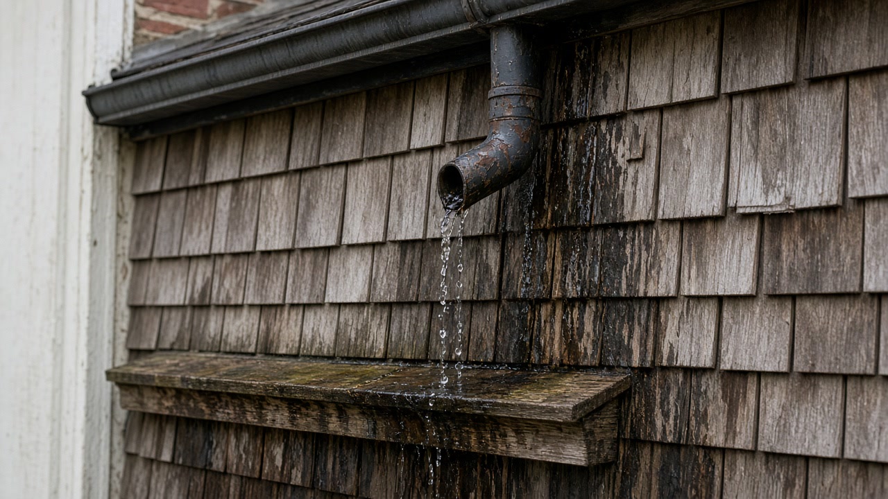 Weathered metal downspout leaking onto wet cedar shingles