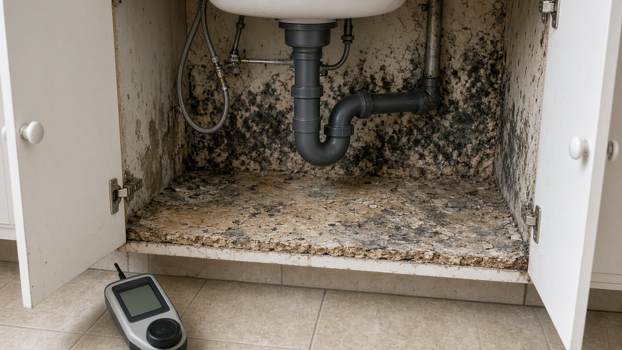 Open under-sink cabinet with black mold, crumbling shelf and moisture meter on tile floor
