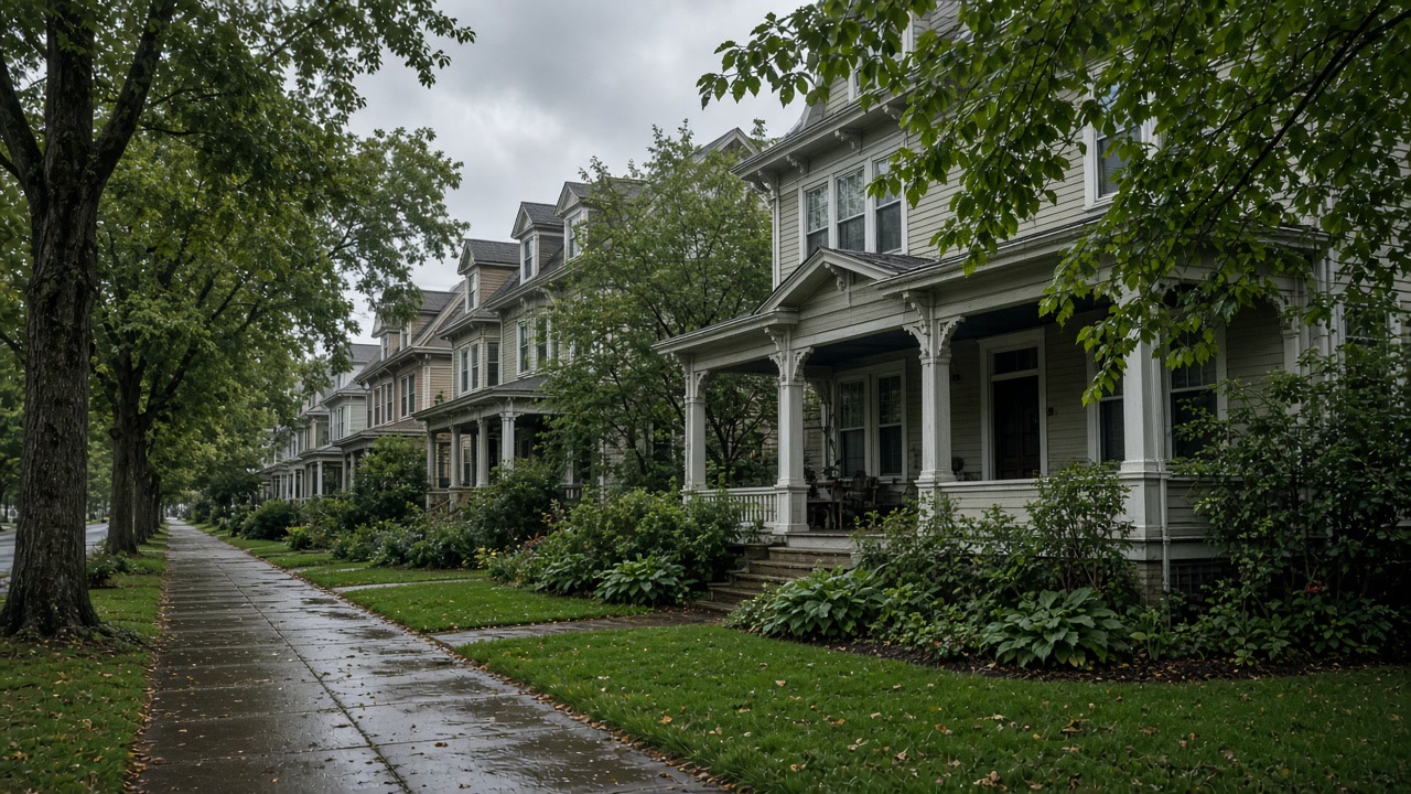 Leafy Montclair street of Victorian clapboard homes under overcast sky with wet sidewalk