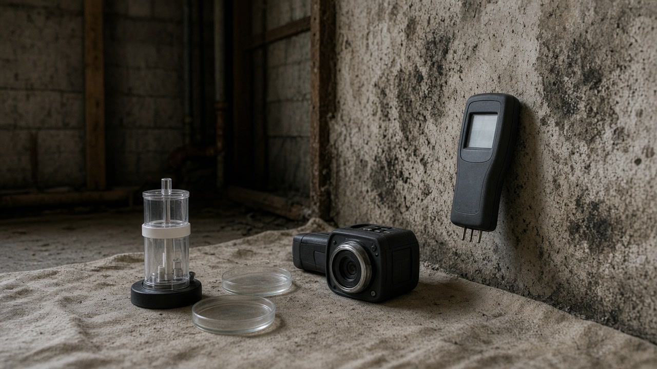 Air sampler, petri dishes and inspection camera on drop cloth beside moisture meter on stained basement wall