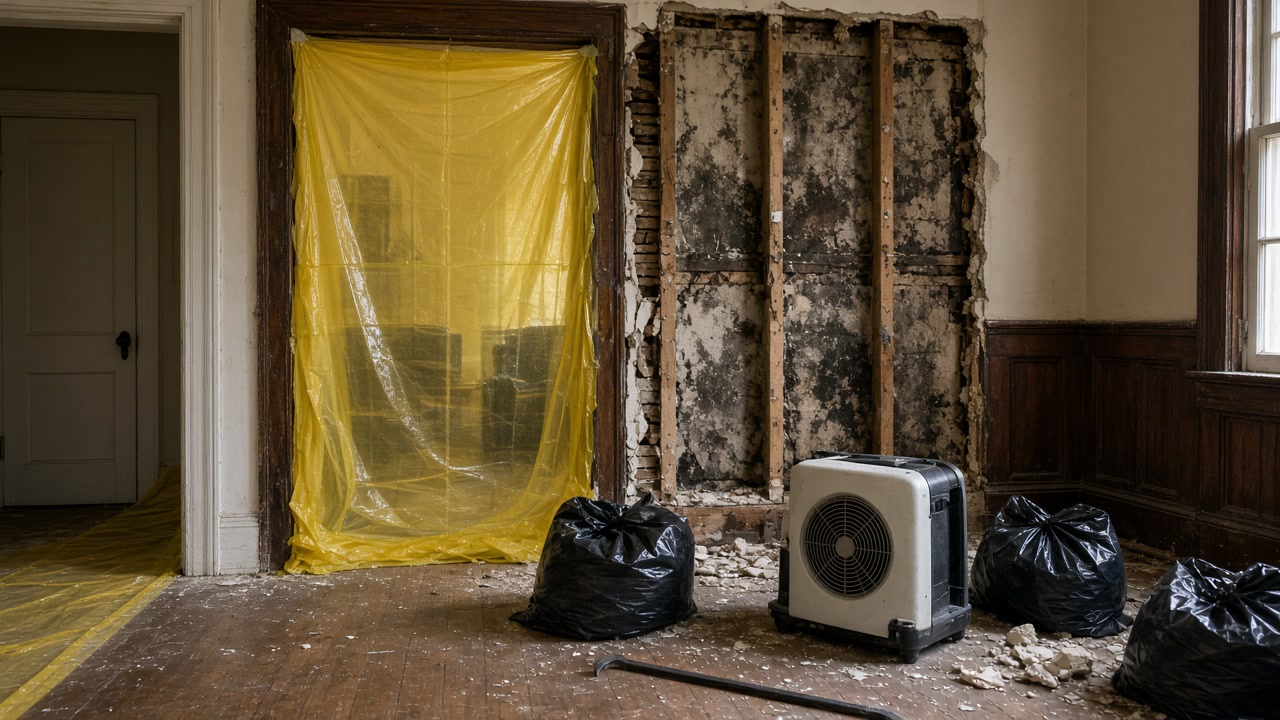 Opened moldy wall cavity beside yellow plastic containment with air mover, debris bags and crowbar