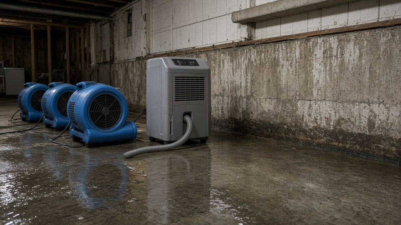 Blue air movers and gray dehumidifier on wet unfinished basement floor with standing water